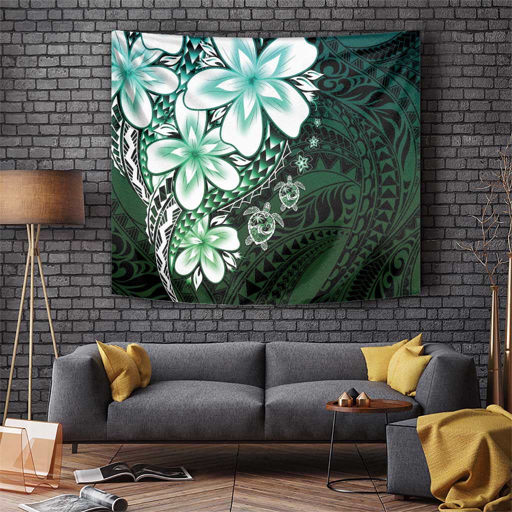 Polynesia Romantic Valentine Tapestry Sea Turtle Couple With Aqua Gradient Plumeria LT05 Aqua - Polynesian Pride