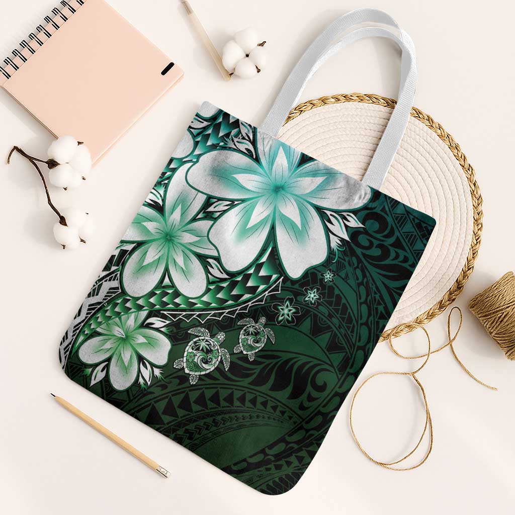 Polynesia Romantic Valentine Tote Bag Sea Turtle Couple With Aqua Gradient Plumeria LT05 White Strap One Size Aqua - Polynesian Pride