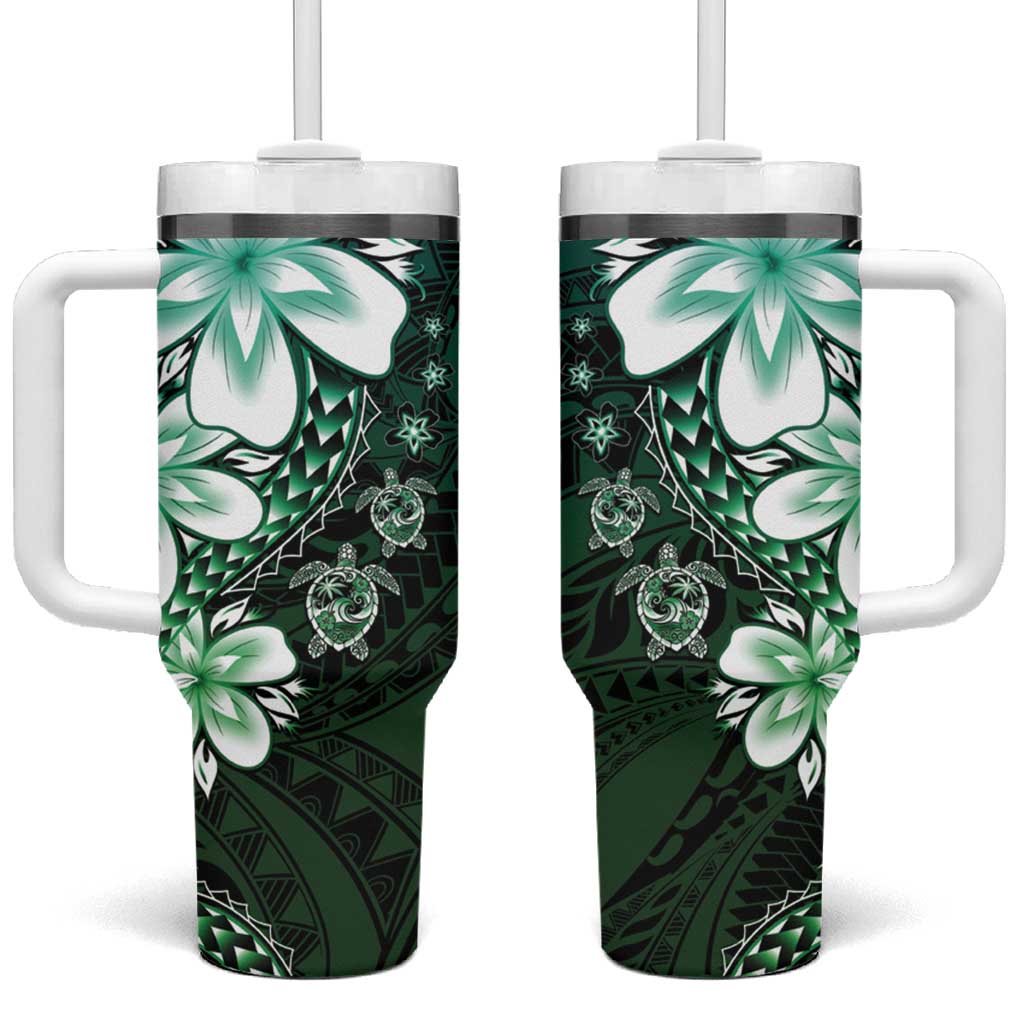 Polynesia Romantic Valentine Tumbler With Handle Sea Turtle Couple With Aqua Gradient Plumeria LT05 One Size: 40 oz Aqua - Polynesian Pride