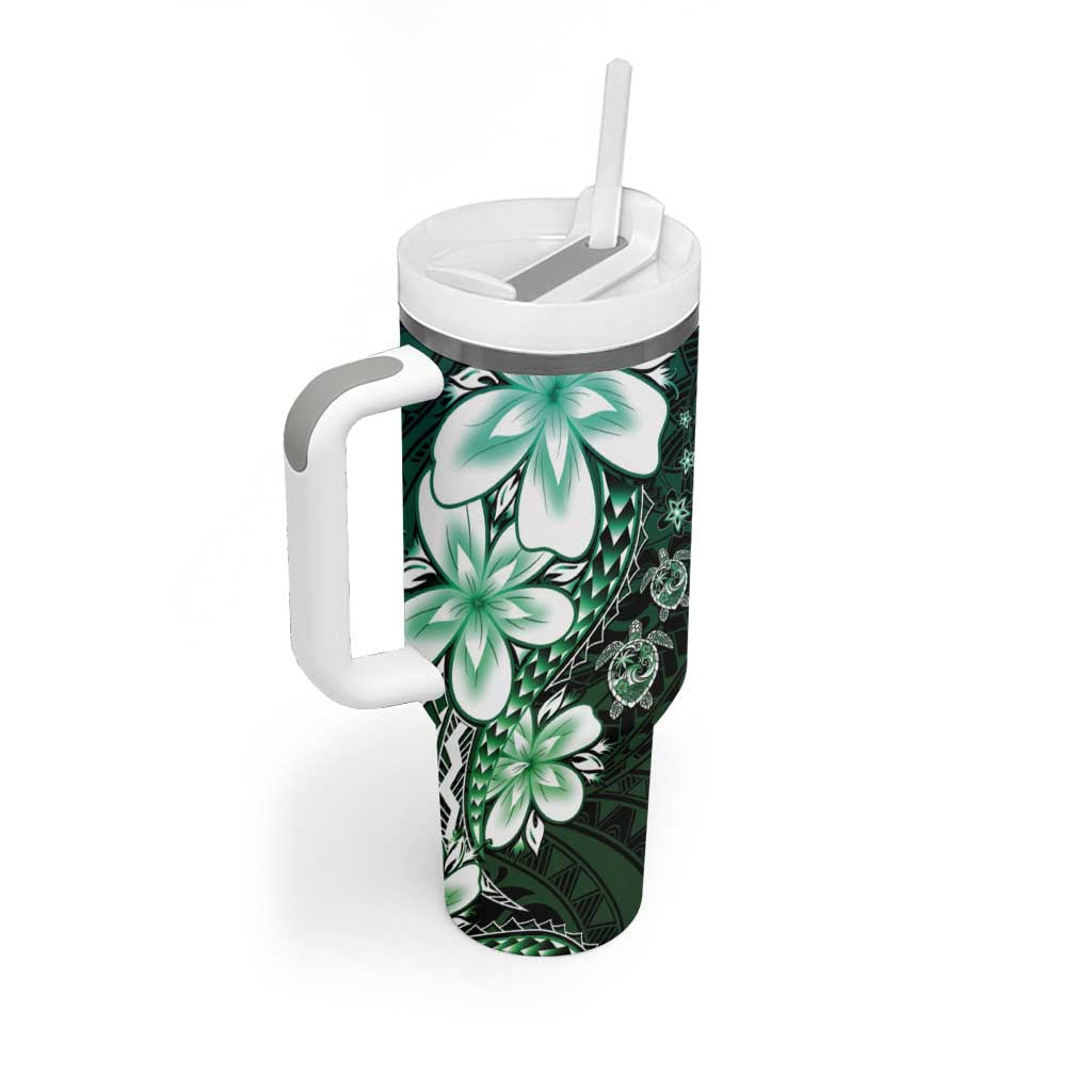 Polynesia Romantic Valentine Tumbler With Handle Sea Turtle Couple With Aqua Gradient Plumeria LT05 - Polynesian Pride