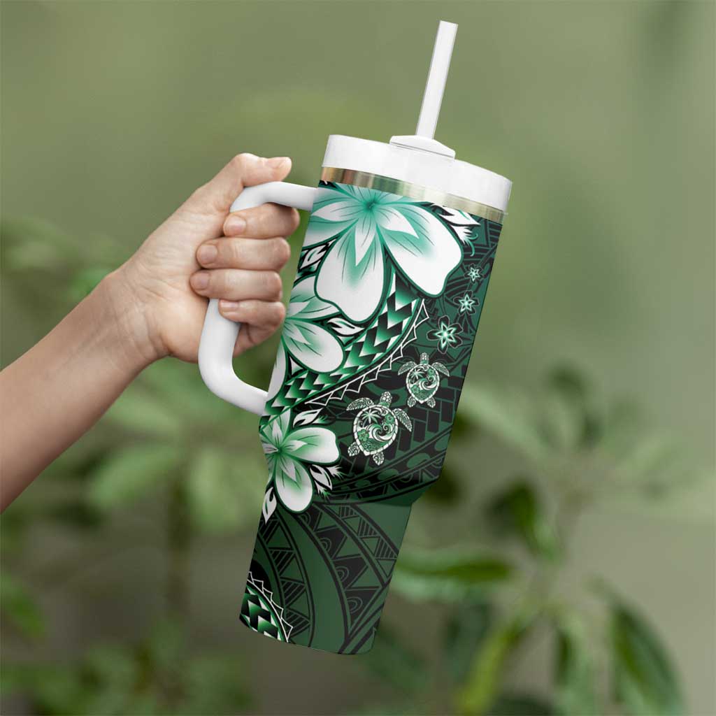 Polynesia Romantic Valentine Tumbler With Handle Sea Turtle Couple With Aqua Gradient Plumeria LT05 - Polynesian Pride