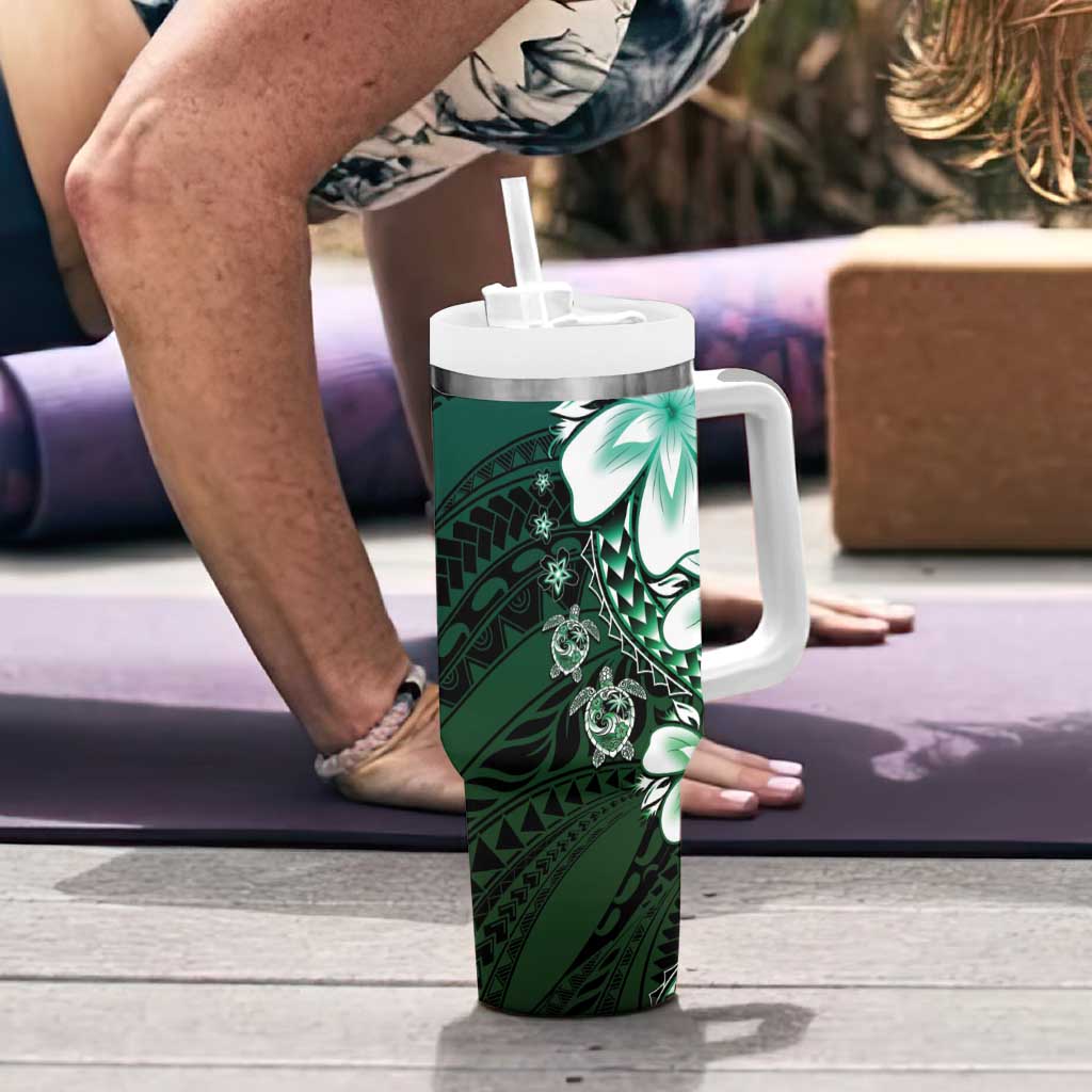 Polynesia Romantic Valentine Tumbler With Handle Sea Turtle Couple With Aqua Gradient Plumeria LT05 - Polynesian Pride