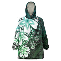 Polynesia Romantic Valentine Wearable Blanket Hoodie Sea Turtle Couple With Aqua Gradient Plumeria LT05 One Size Aqua - Polynesian Pride