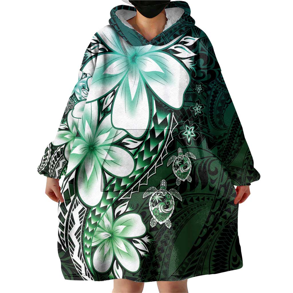 Polynesia Romantic Valentine Wearable Blanket Hoodie Sea Turtle Couple With Aqua Gradient Plumeria LT05 - Polynesian Pride
