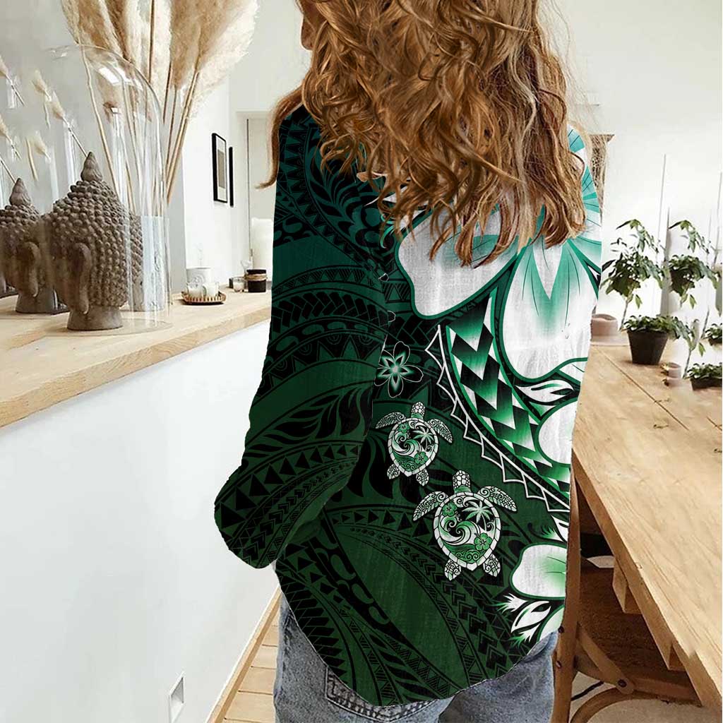 Polynesia Romantic Valentine Women Casual Shirt Sea Turtle Couple With Aqua Gradient Plumeria LT05 - Polynesian Pride