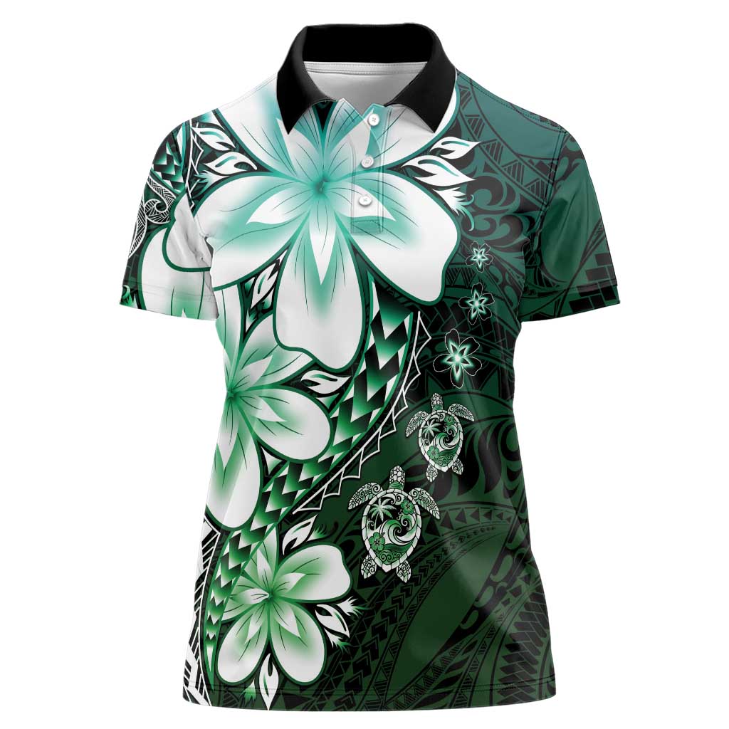 Polynesia Romantic Valentine Women Polo Shirt Sea Turtle Couple With Aqua Gradient Plumeria LT05 Female Aqua - Polynesian Pride