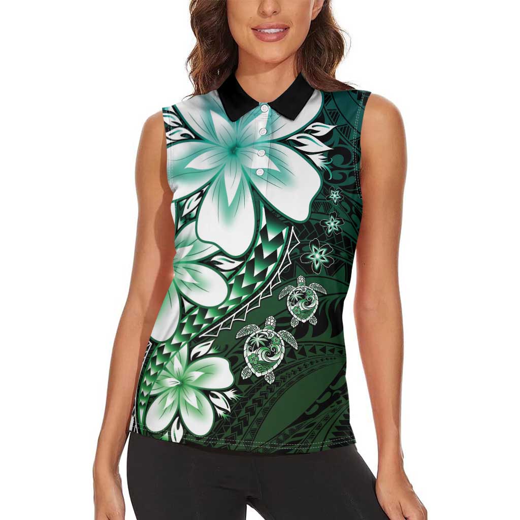 Polynesia Romantic Valentine Women Sleeveless Polo Shirt Sea Turtle Couple With Aqua Gradient Plumeria LT05 - Polynesian Pride