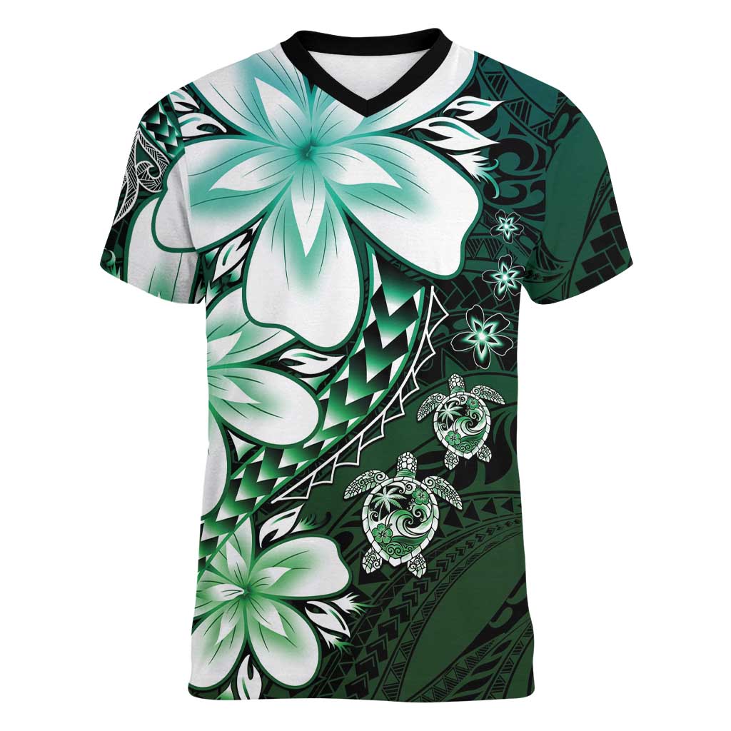 Polynesia Romantic Valentine Women V-Neck T-Shirt Sea Turtle Couple With Aqua Gradient Plumeria LT05 Female Aqua - Polynesian Pride