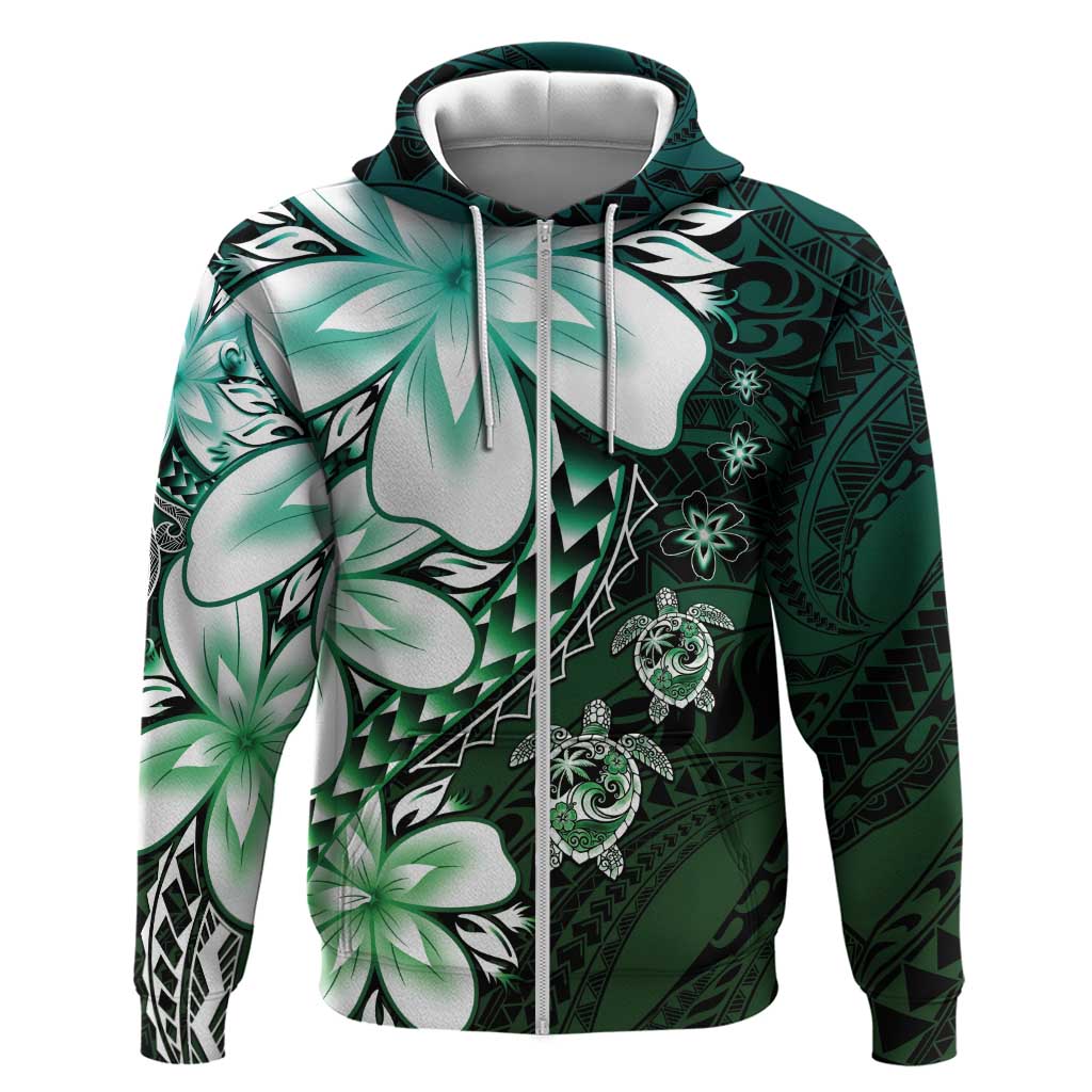 Polynesia Romantic Valentine Zip Hoodie Sea Turtle Couple With Aqua Gradient Plumeria LT05 Zip Hoodie Aqua - Polynesian Pride