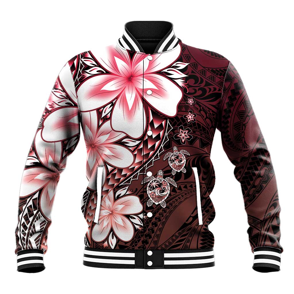 Polynesia Romantic Valentine Baseball Jacket Sea Turtle Couple With Red Gradient Plumeria LT05 Unisex Red - Polynesian Pride