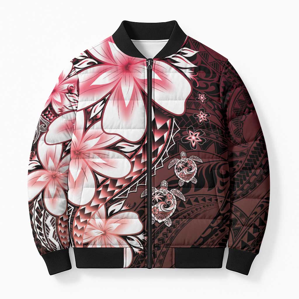 Polynesia Romantic Valentine Bomber Puffer Jacket Sea Turtle Couple With Red Gradient Plumeria LT05 Unisex Red - Polynesian Pride