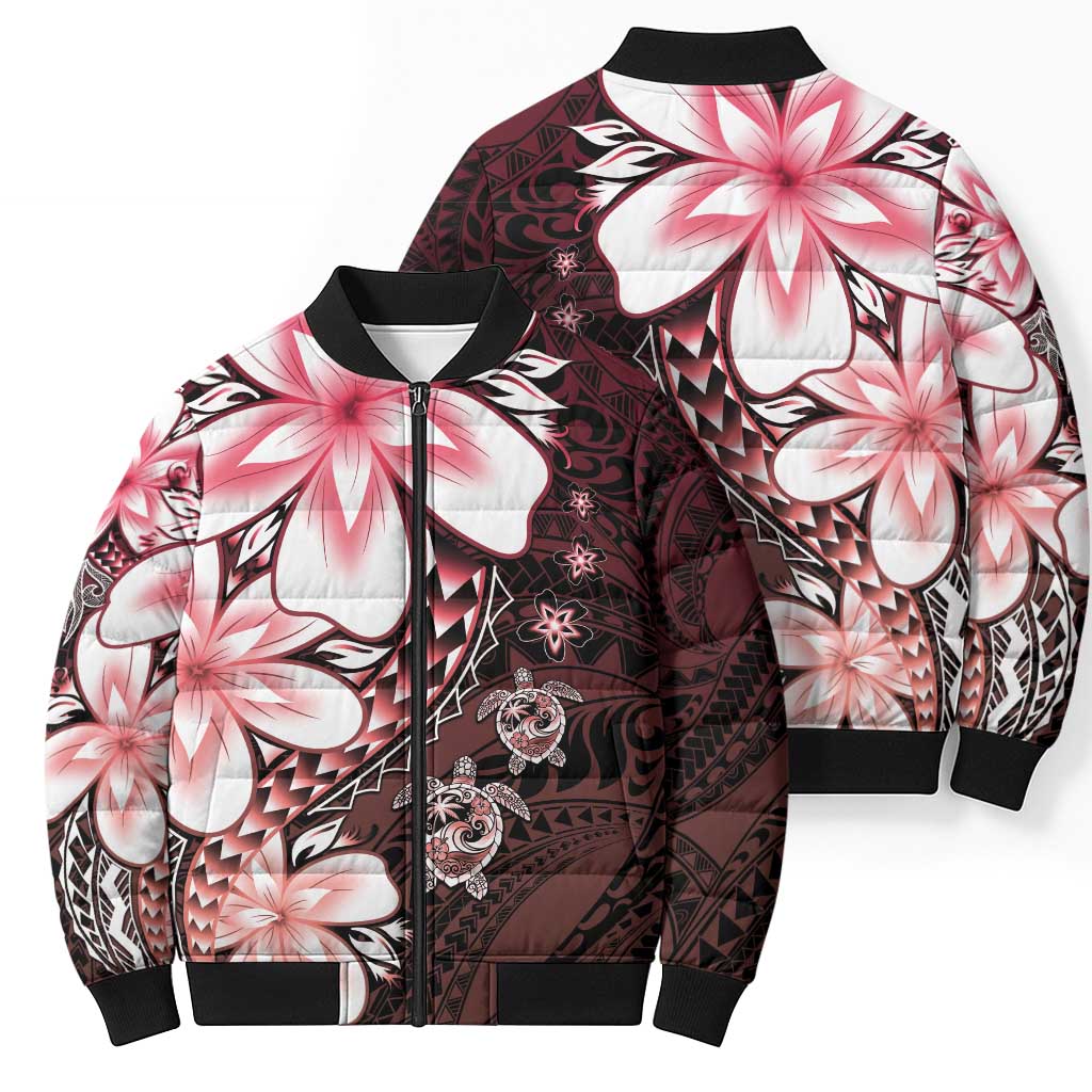 Polynesia Romantic Valentine Bomber Puffer Jacket Sea Turtle Couple With Red Gradient Plumeria LT05 - Polynesian Pride