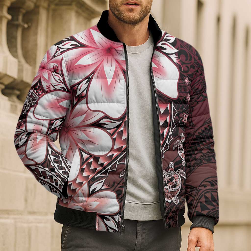 Polynesia Romantic Valentine Bomber Puffer Jacket Sea Turtle Couple With Red Gradient Plumeria LT05 - Polynesian Pride