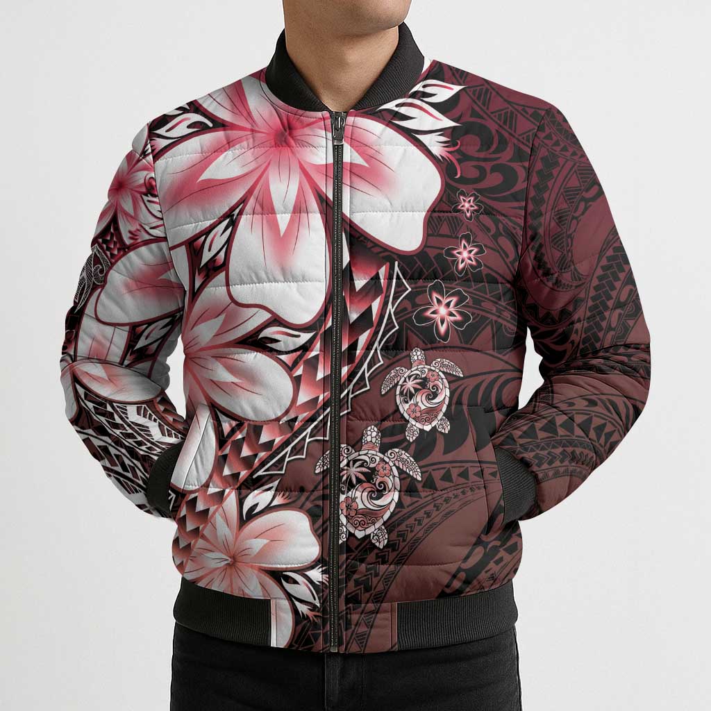 Polynesia Romantic Valentine Bomber Puffer Jacket Sea Turtle Couple With Red Gradient Plumeria LT05 - Polynesian Pride