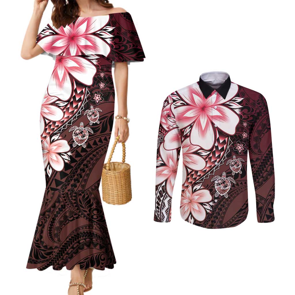 Polynesia Romantic Valentine Couples Matching Mermaid Dress and Long Sleeve Button Shirt Sea Turtle Couple With Red Gradient Plumeria LT05 Red - Polynesian Pride