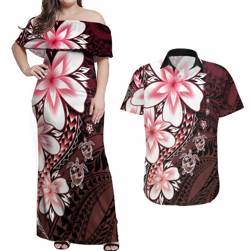 Polynesia Romantic Valentine Couples Matching Off Shoulder Maxi Dress and Hawaiian Shirt Sea Turtle Couple With Red Gradient Plumeria LT05 Red - Polynesian Pride