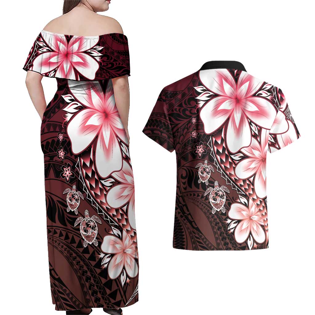 Polynesia Romantic Valentine Couples Matching Off Shoulder Maxi Dress and Hawaiian Shirt Sea Turtle Couple With Red Gradient Plumeria LT05 - Polynesian Pride