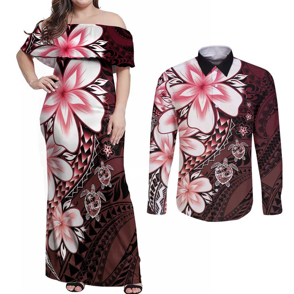 Polynesia Romantic Valentine Couples Matching Off Shoulder Maxi Dress and Long Sleeve Button Shirt Sea Turtle Couple With Red Gradient Plumeria LT05 Red - Polynesian Pride