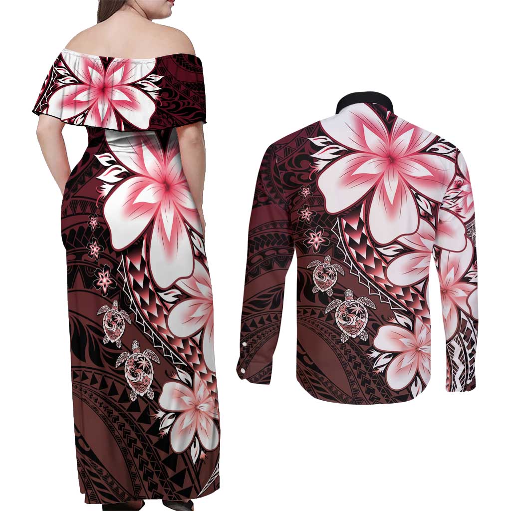 Polynesia Romantic Valentine Couples Matching Off Shoulder Maxi Dress and Long Sleeve Button Shirt Sea Turtle Couple With Red Gradient Plumeria LT05 - Polynesian Pride