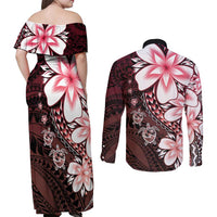 Polynesia Romantic Valentine Couples Matching Off Shoulder Maxi Dress and Long Sleeve Button Shirt Sea Turtle Couple With Red Gradient Plumeria LT05 - Polynesian Pride