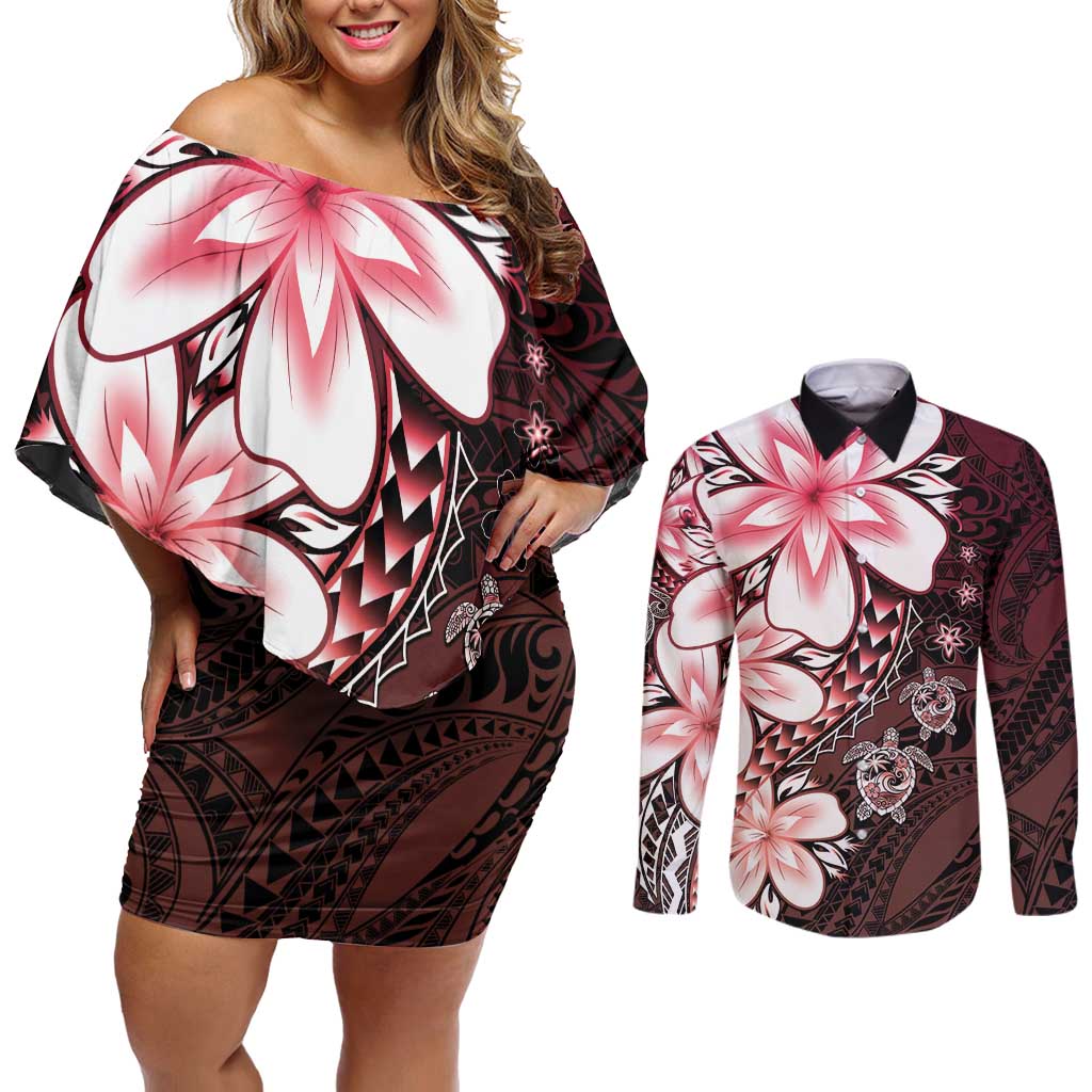 Polynesia Romantic Valentine Couples Matching Off Shoulder Short Dress and Long Sleeve Button Shirt Sea Turtle Couple With Red Gradient Plumeria LT05 Red - Polynesian Pride