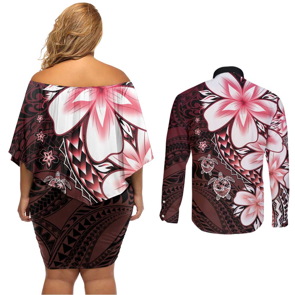 Polynesia Romantic Valentine Couples Matching Off Shoulder Short Dress and Long Sleeve Button Shirt Sea Turtle Couple With Red Gradient Plumeria LT05 - Polynesian Pride