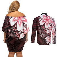 Polynesia Romantic Valentine Couples Matching Off Shoulder Short Dress and Long Sleeve Button Shirt Sea Turtle Couple With Red Gradient Plumeria LT05 - Polynesian Pride