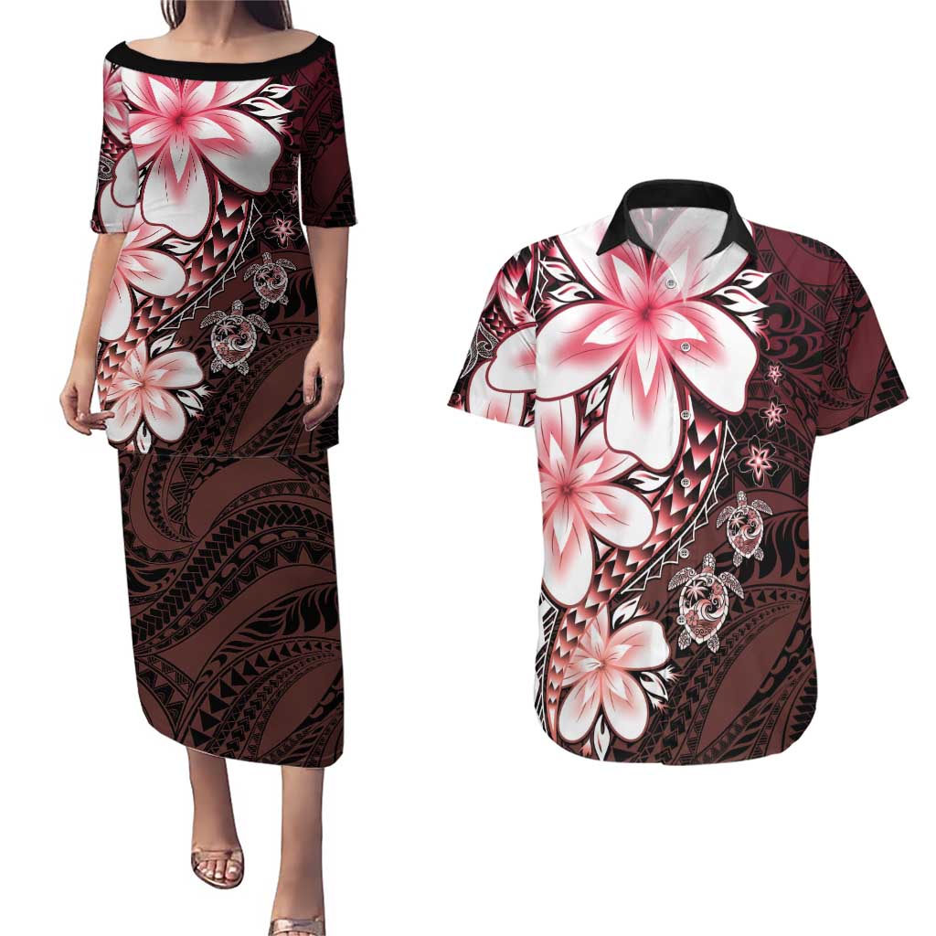 Polynesia Romantic Valentine Couples Matching Puletasi and Hawaiian Shirt Sea Turtle Couple With Red Gradient Plumeria LT05 Red - Polynesian Pride