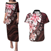 Polynesia Romantic Valentine Couples Matching Puletasi and Hawaiian Shirt Sea Turtle Couple With Red Gradient Plumeria LT05 Red - Polynesian Pride