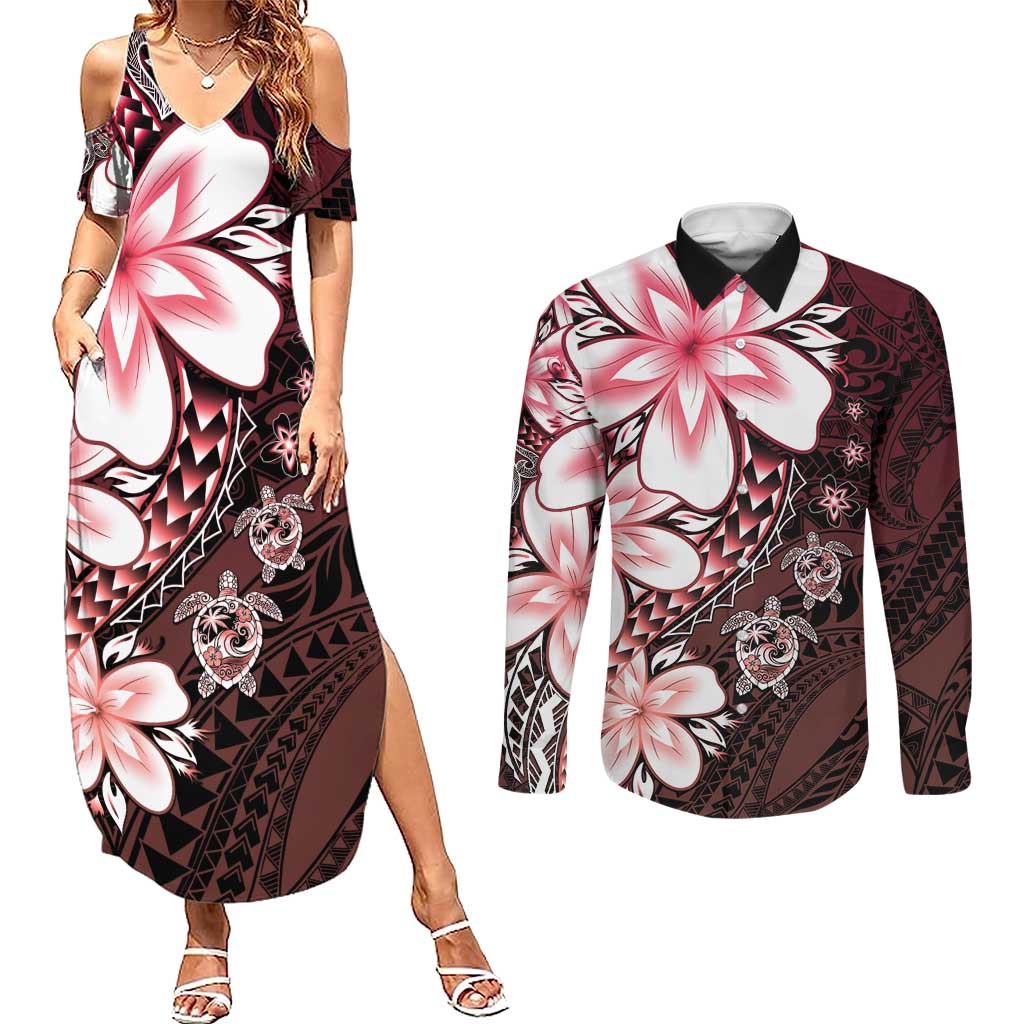 Polynesia Romantic Valentine Couples Matching Summer Maxi Dress and Long Sleeve Button Shirt Sea Turtle Couple With Red Gradient Plumeria LT05 Red - Polynesian Pride