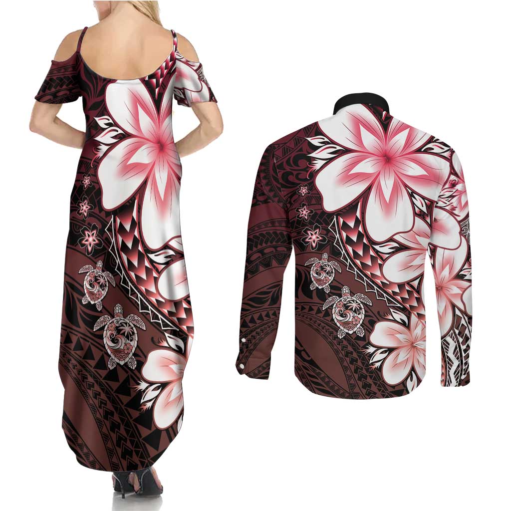 Polynesia Romantic Valentine Couples Matching Summer Maxi Dress and Long Sleeve Button Shirt Sea Turtle Couple With Red Gradient Plumeria LT05 - Polynesian Pride