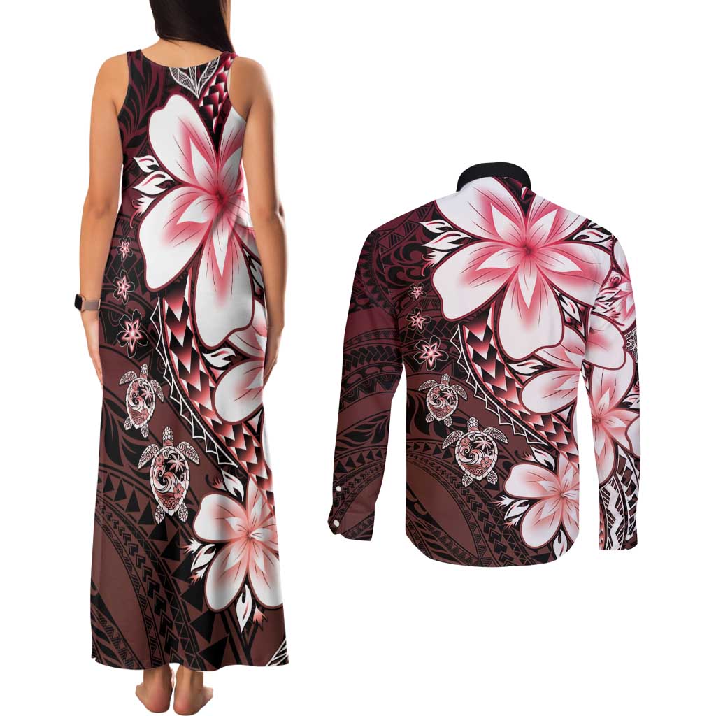 Polynesia Romantic Valentine Couples Matching Tank Maxi Dress and Long Sleeve Button Shirt Sea Turtle Couple With Red Gradient Plumeria LT05 - Polynesian Pride