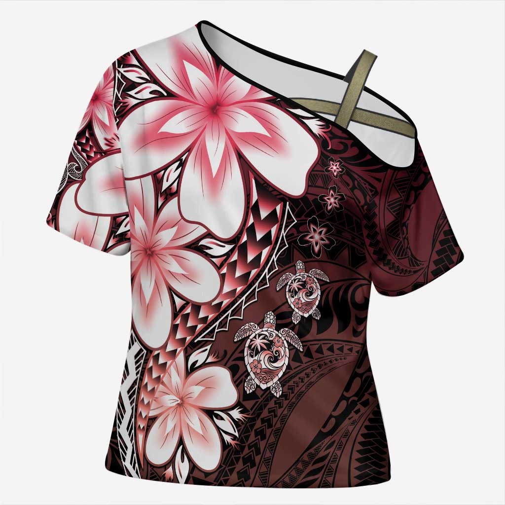 Polynesia Romantic Valentine Cross Shoulder Shirt Sea Turtle Couple With Red Gradient Plumeria LT05 Female Red - Polynesian Pride