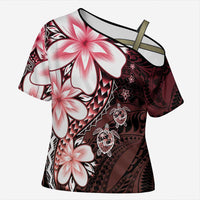 Polynesia Romantic Valentine Cross Shoulder Shirt Sea Turtle Couple With Red Gradient Plumeria LT05 Female Red - Polynesian Pride