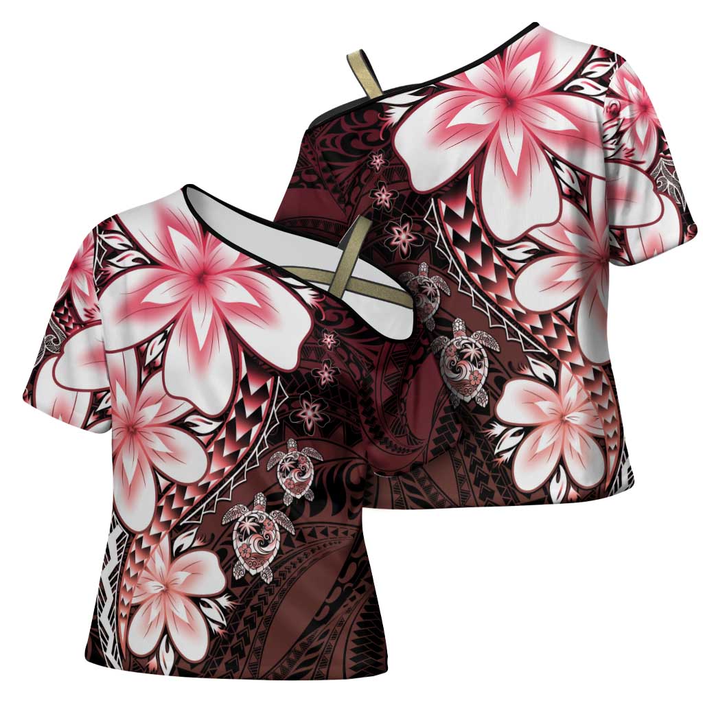 Polynesia Romantic Valentine Cross Shoulder Shirt Sea Turtle Couple With Red Gradient Plumeria LT05 - Polynesian Pride