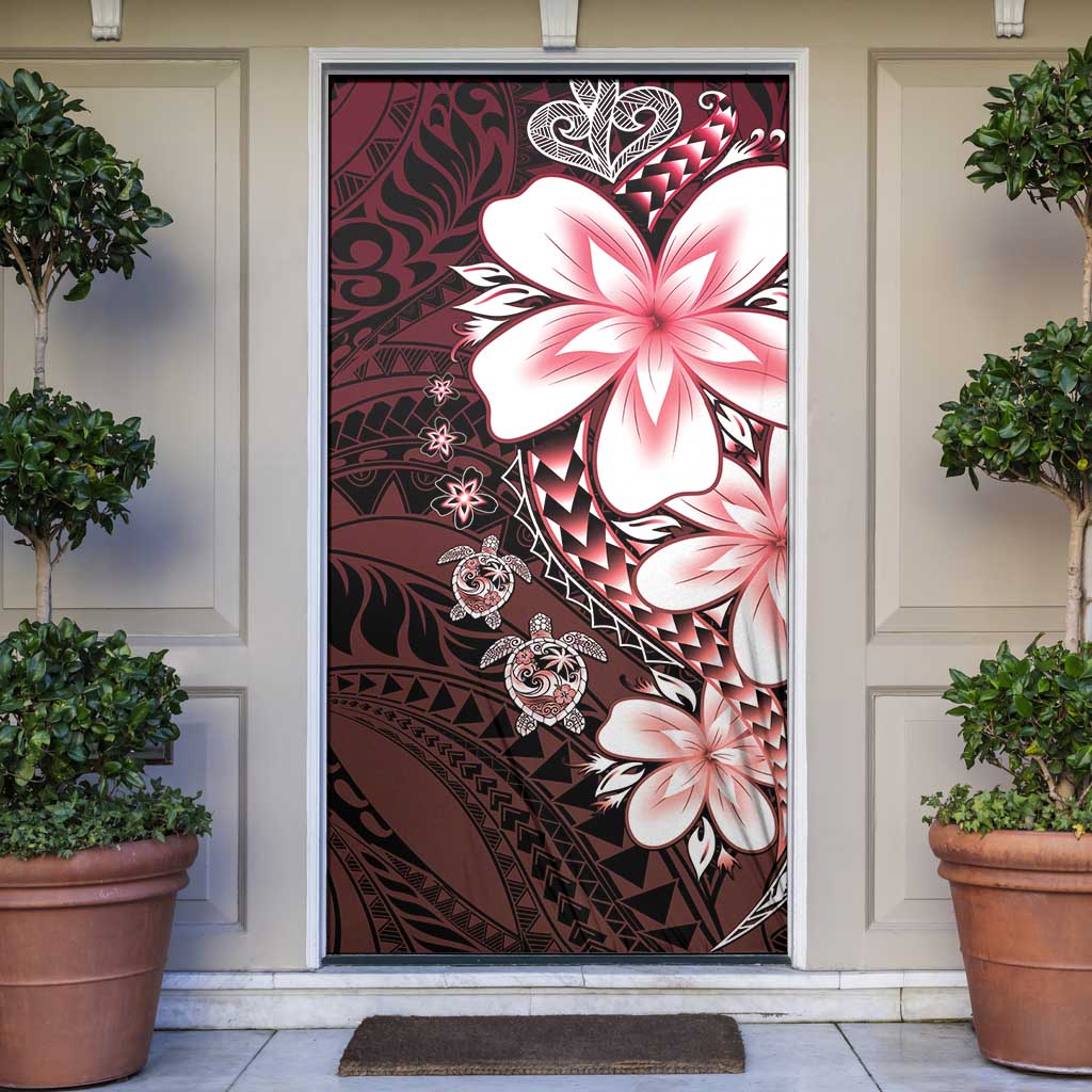 Polynesia Romantic Valentine Door Cover Sea Turtle Couple With Red Gradient Plumeria