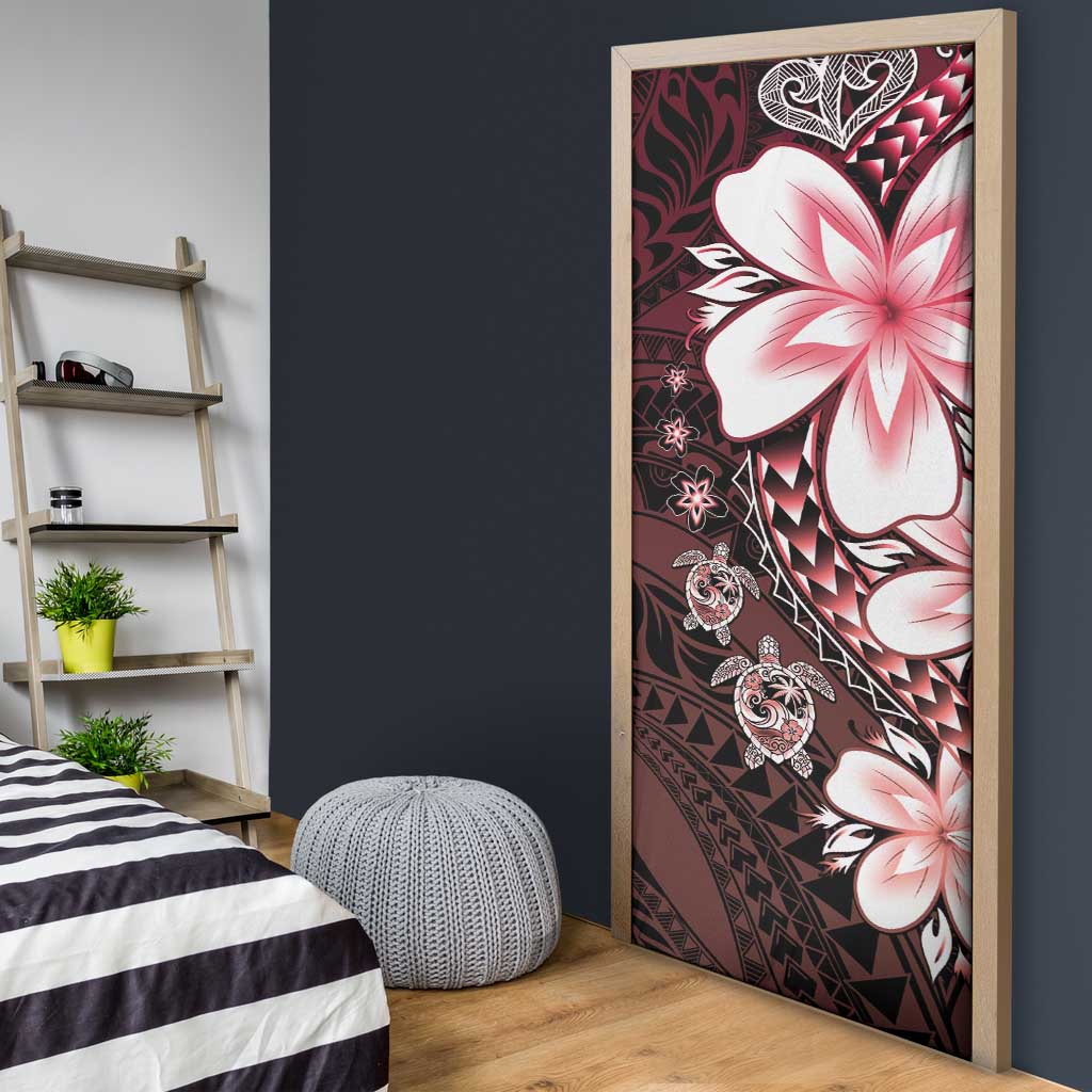 Polynesia Romantic Valentine Door Cover Sea Turtle Couple With Red Gradient Plumeria