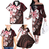 Polynesia Romantic Valentine Family Matching Off The Shoulder Long Sleeve Dress and Hawaiian Shirt Sea Turtle Couple With Red Gradient Plumeria