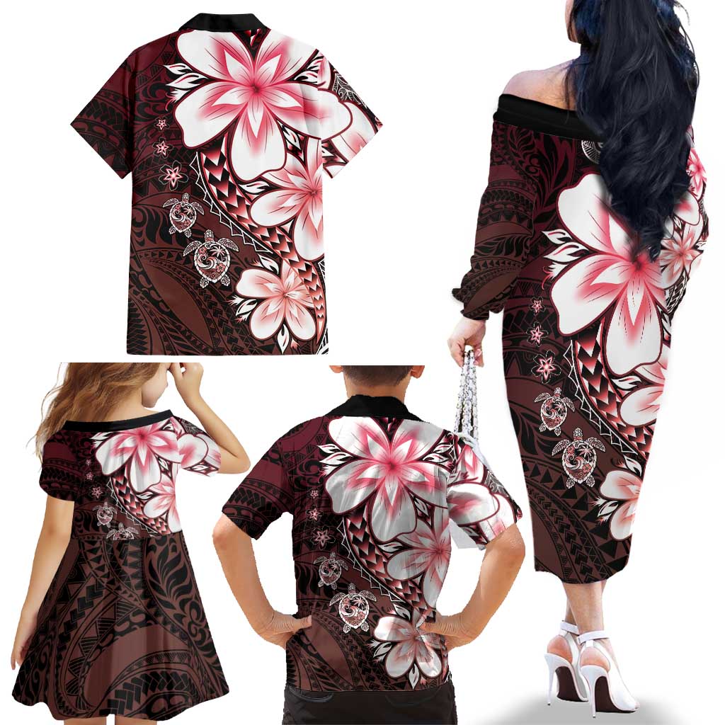 Polynesia Romantic Valentine Family Matching Off The Shoulder Long Sleeve Dress and Hawaiian Shirt Sea Turtle Couple With Red Gradient Plumeria