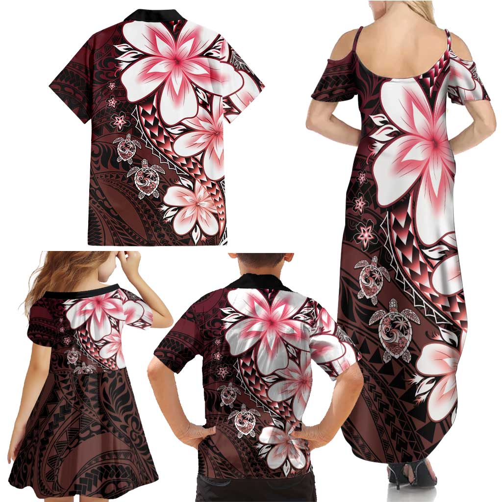 Polynesia Romantic Valentine Family Matching Summer Maxi Dress and Hawaiian Shirt Sea Turtle Couple With Red Gradient Plumeria
