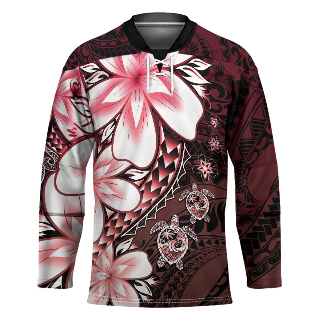 Polynesia Romantic Valentine Hockey Jersey Sea Turtle Couple With Red Gradient Plumeria LT05 Unisex Red - Polynesian Pride
