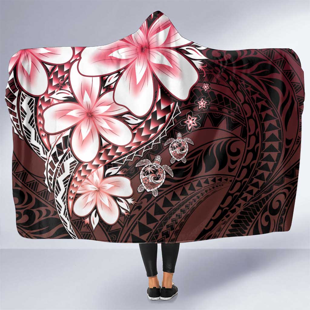 Polynesia Romantic Valentine Hooded Blanket Sea Turtle Couple With Red Gradient Plumeria LT05 One Size Red - Polynesian Pride