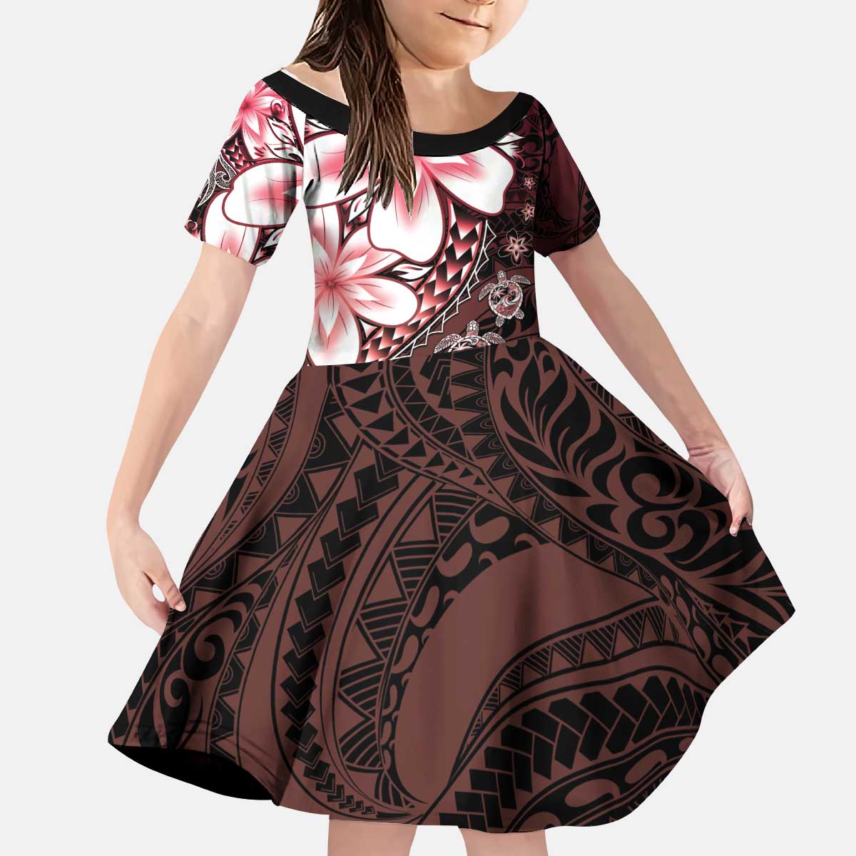 Polynesia Romantic Valentine Kid Short Sleeve Dress Sea Turtle Couple With Red Gradient Plumeria