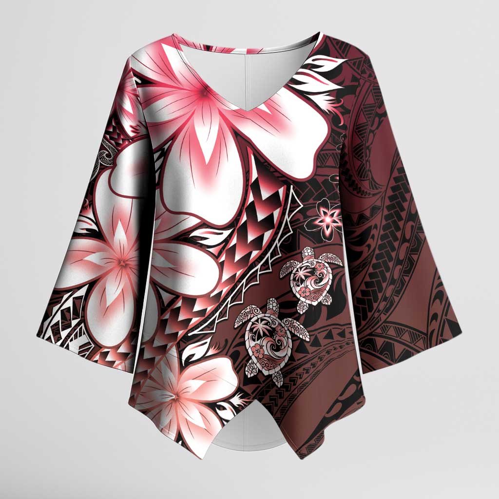 Polynesia Romantic Valentine Kimono Sleeve Blouse Sea Turtle Couple With Red Gradient Plumeria LT05 Female Red - Polynesian Pride