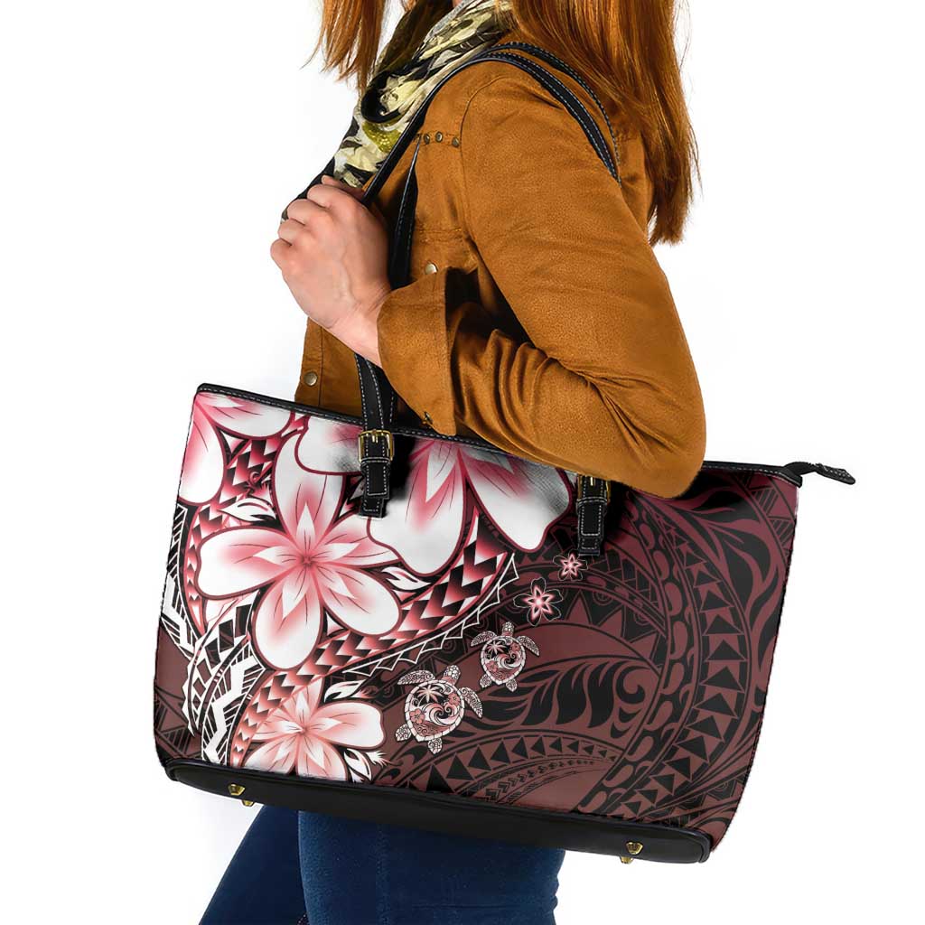 Polynesia Romantic Valentine Leather Tote Bag Sea Turtle Couple With Red Gradient Plumeria LT05 Red - Polynesian Pride