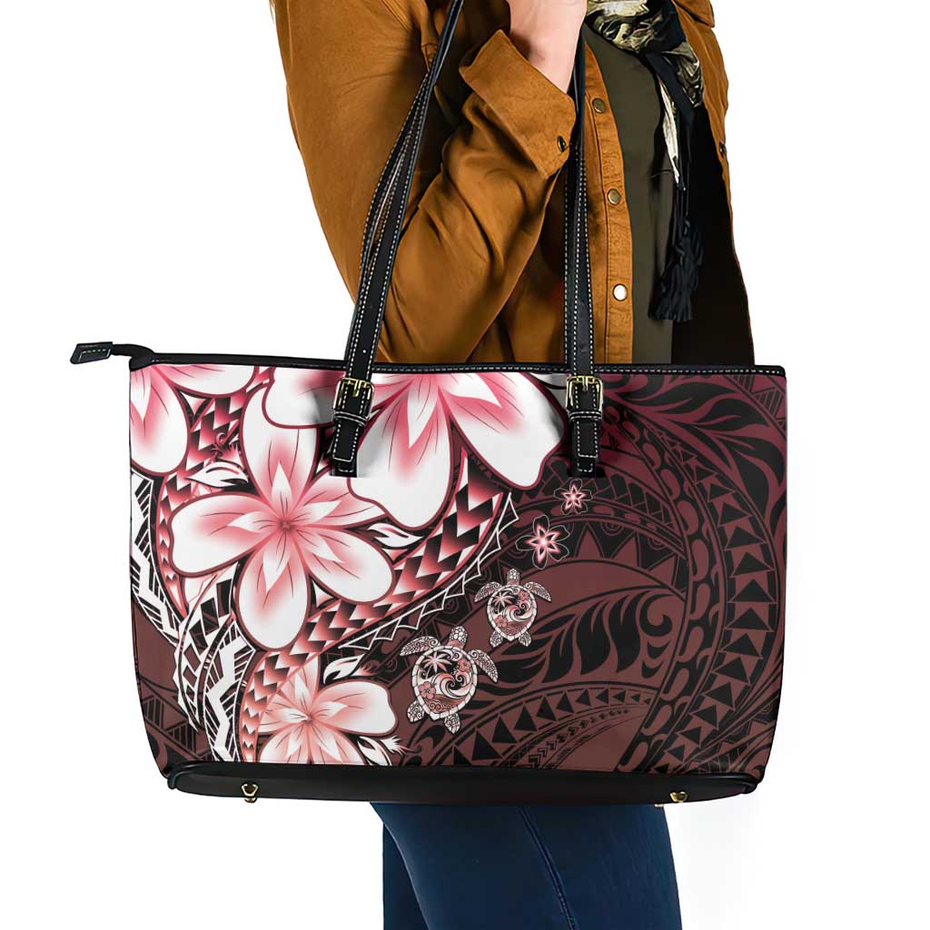 Polynesia Romantic Valentine Leather Tote Bag Sea Turtle Couple With Red Gradient Plumeria LT05 - Polynesian Pride