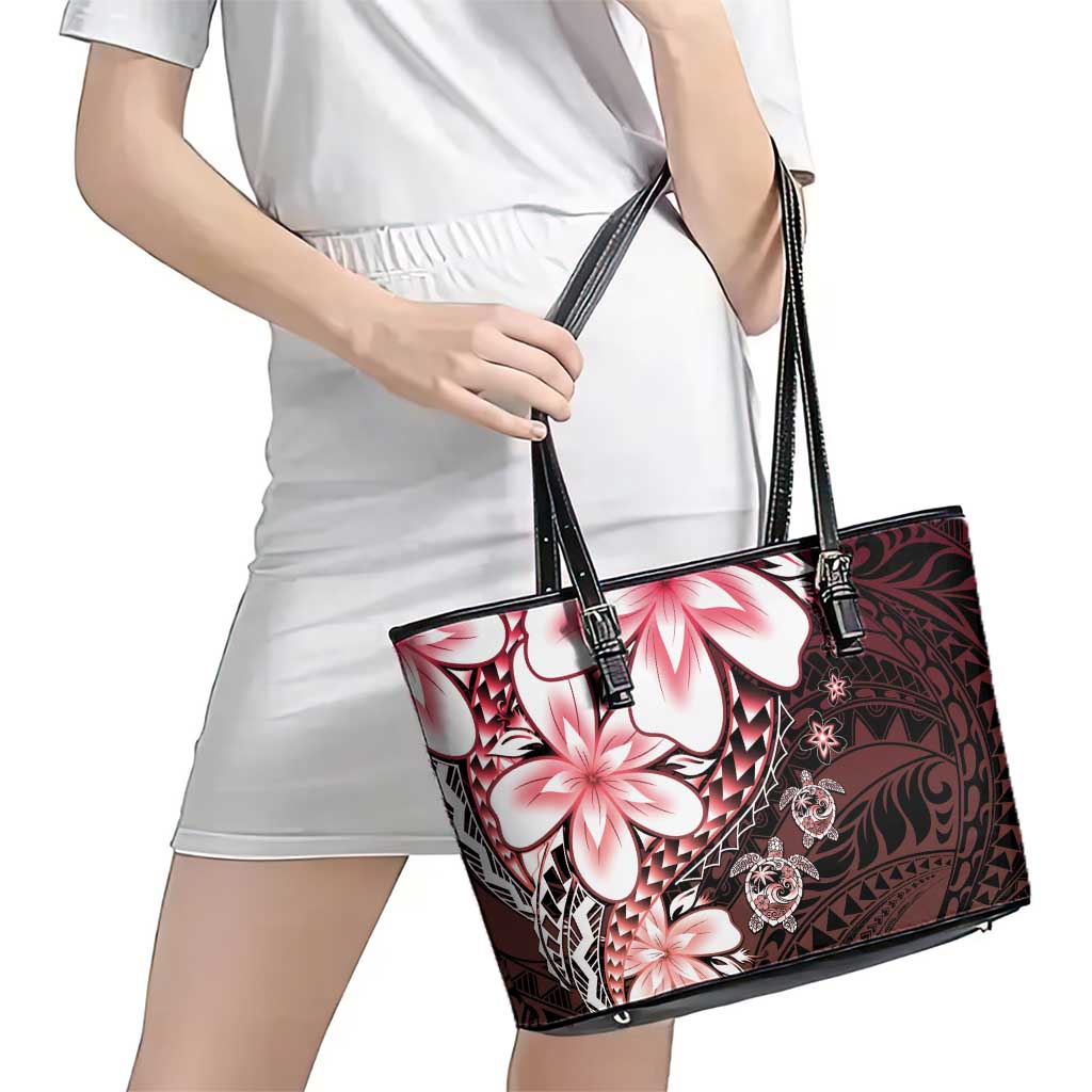 Polynesia Romantic Valentine Leather Tote Bag Sea Turtle Couple With Red Gradient Plumeria LT05 - Polynesian Pride