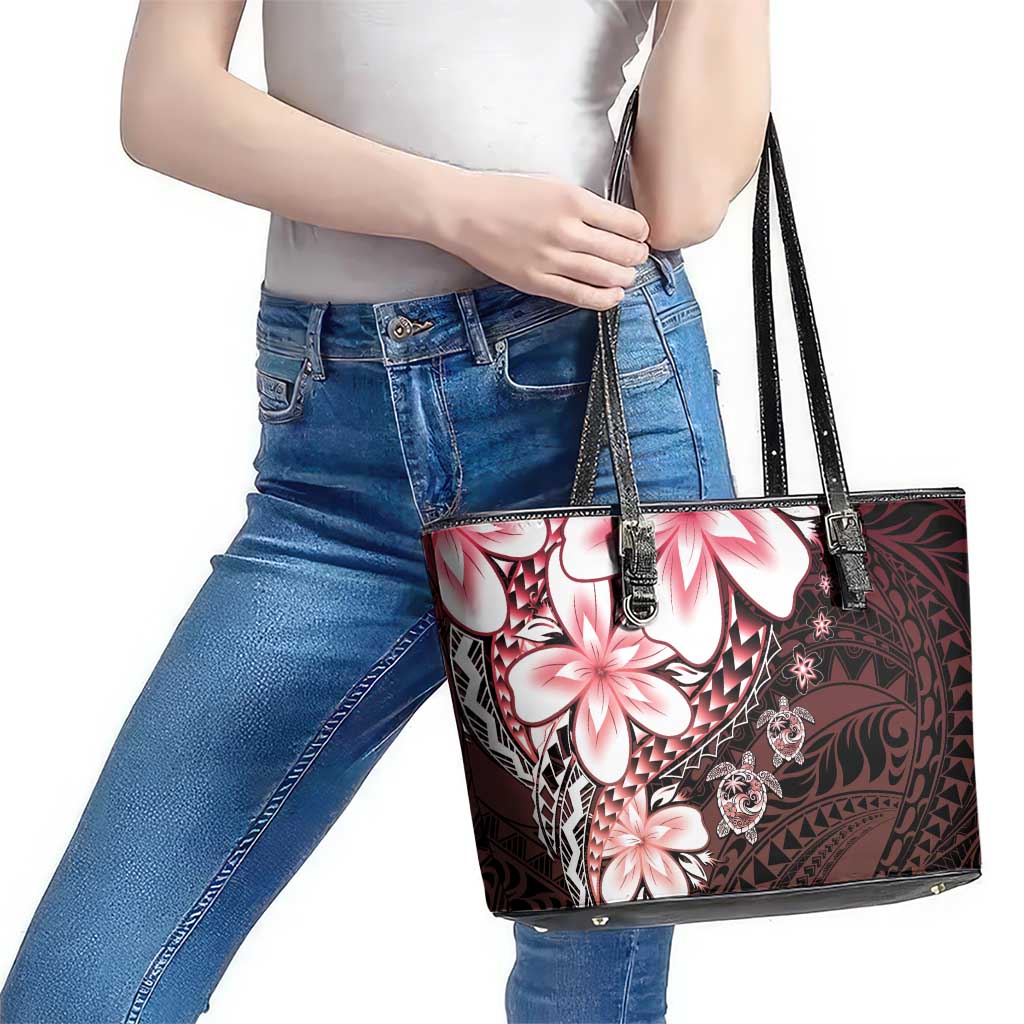 Polynesia Romantic Valentine Leather Tote Bag Sea Turtle Couple With Red Gradient Plumeria LT05 - Polynesian Pride