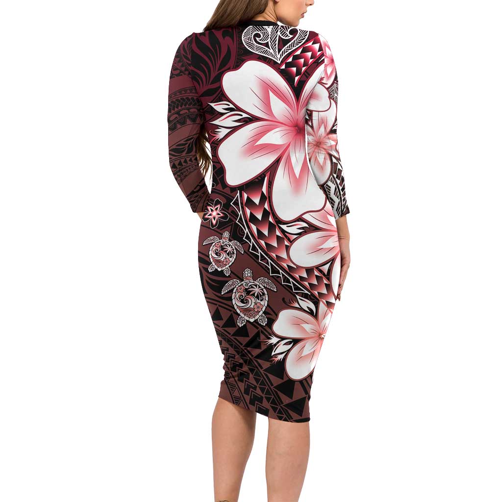 Polynesia Romantic Valentine Long Sleeve Bodycon Dress Sea Turtle Couple With Red Gradient Plumeria LT05 - Polynesian Pride