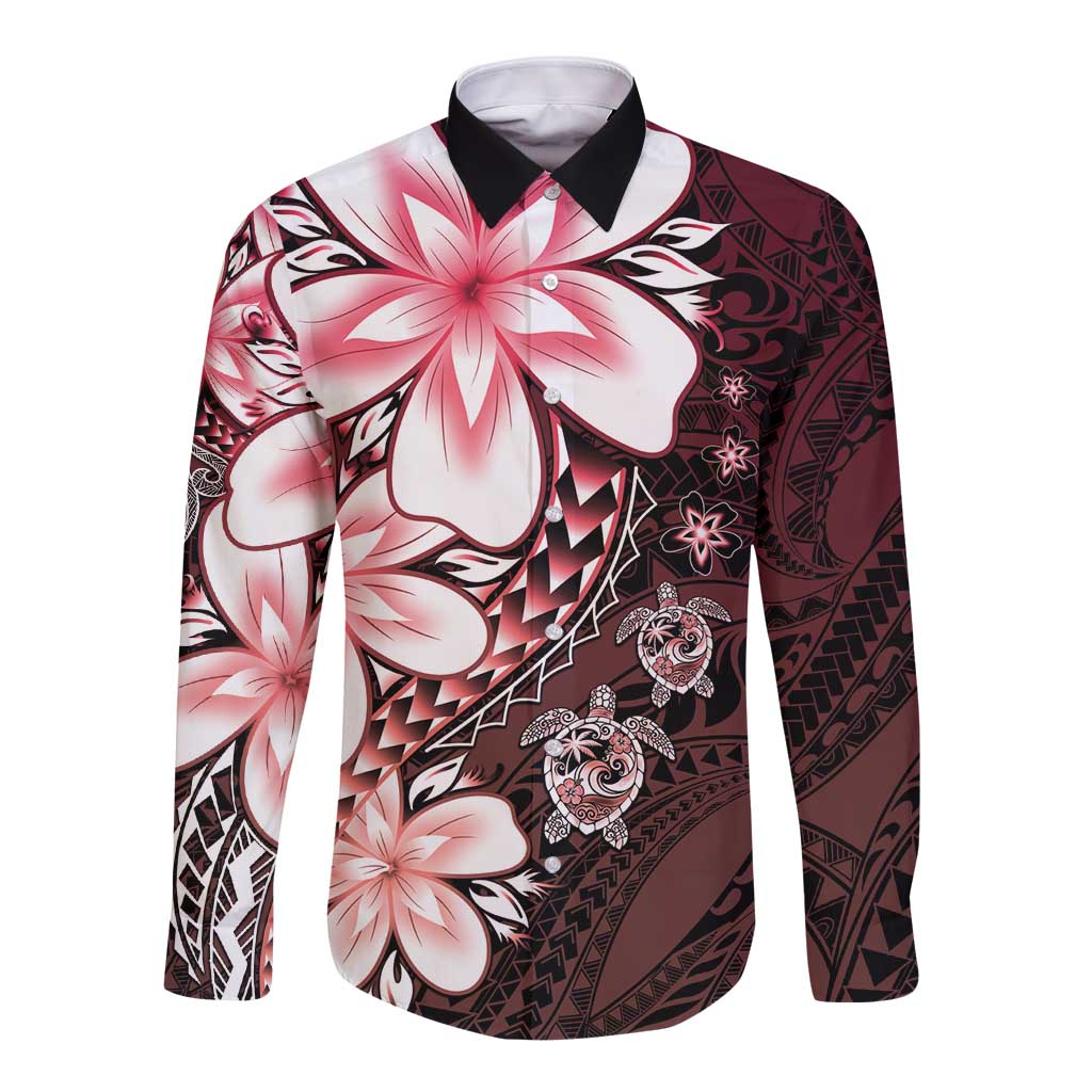 Polynesia Romantic Valentine Long Sleeve Button Shirt Sea Turtle Couple With Red Gradient Plumeria LT05 Unisex Red - Polynesian Pride
